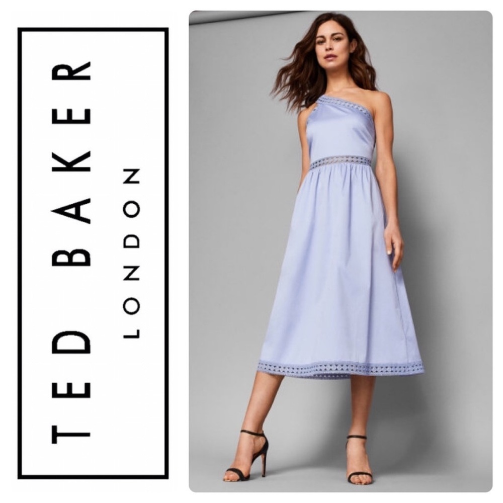 Ted Baker KALLII Asymmetric Size L Cotton Dress Blue size 10 Eyelet Design Midi